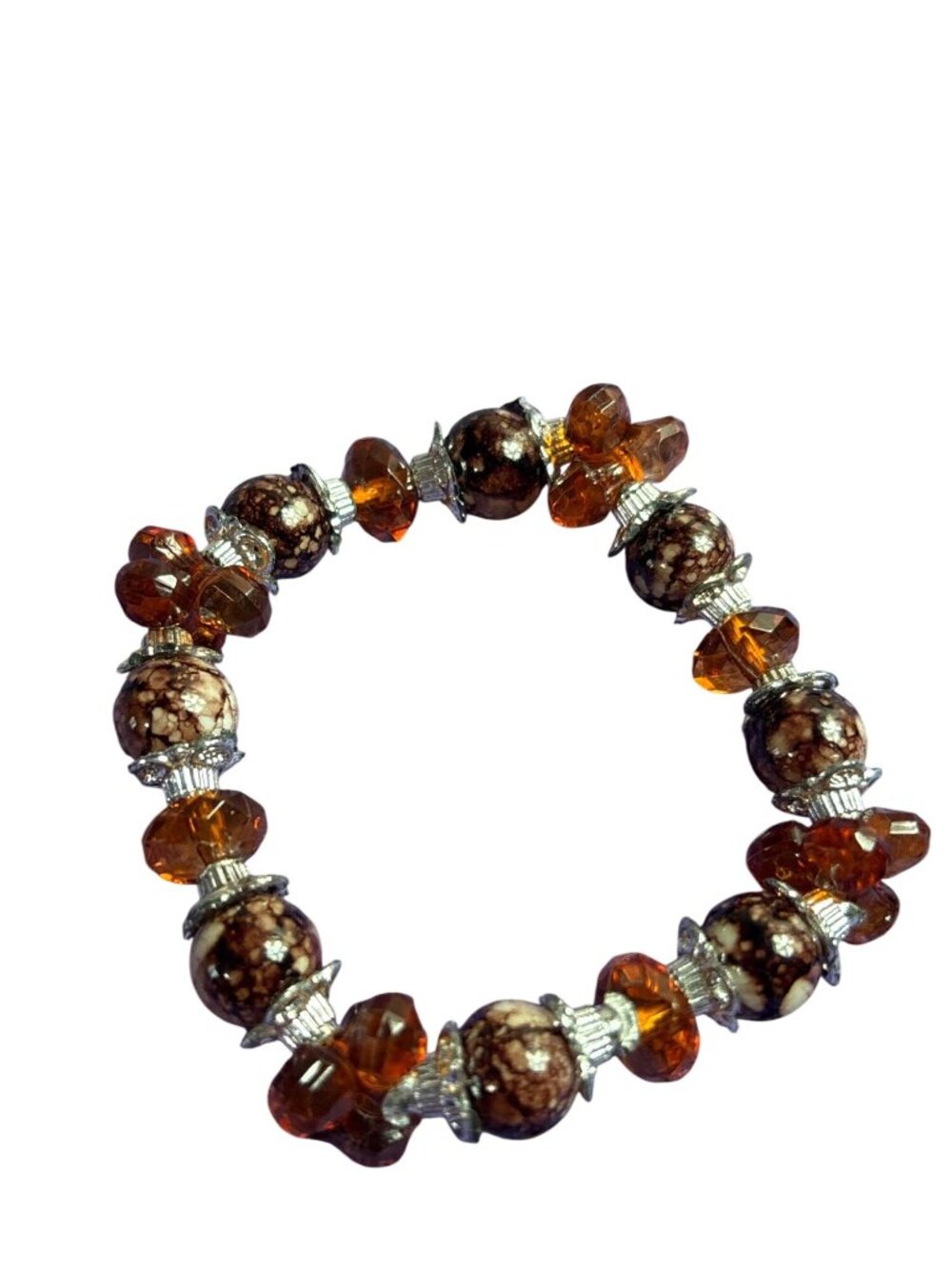 Brown Silvertone Glass Plastic Beaded Stretchy Bracelet 5.75 inches Unstretched